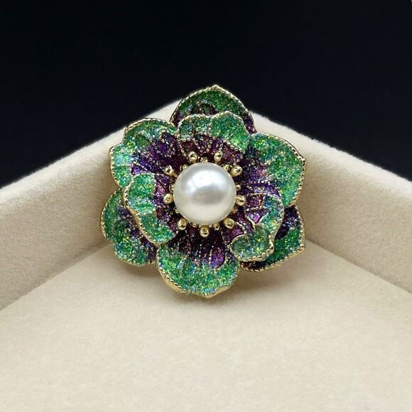 Yellow Gold Glittery Pearl with Purple and Green Enamel Flower Pin Back Brooch - Picture 2 of 7